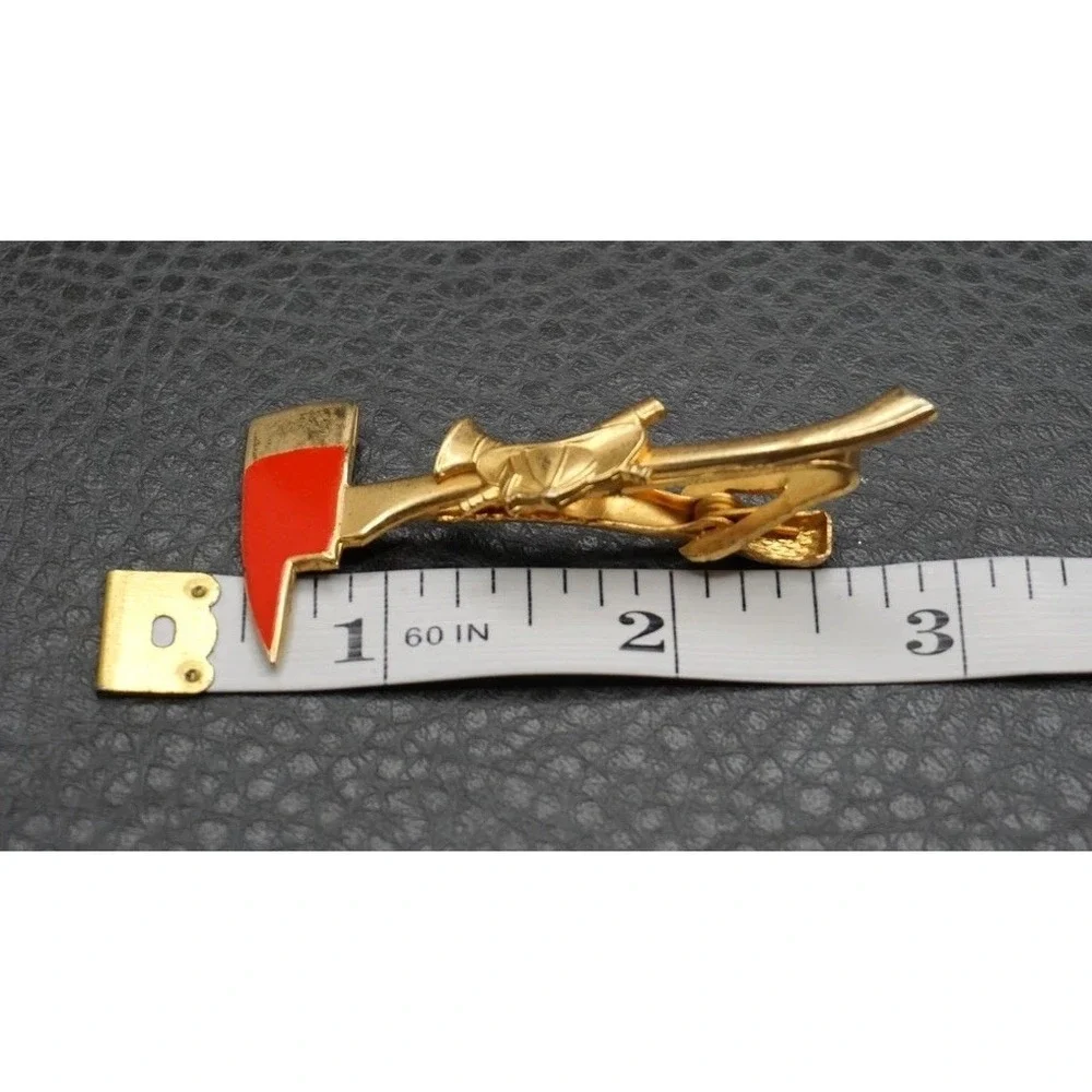 Vintage Roberts Co. Gold Tone Fireman Axe Hat Red Enamel Tie Bar Clip Pin